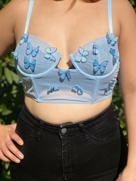 Sophia Mesh Butterfly Bralette Top- Blue