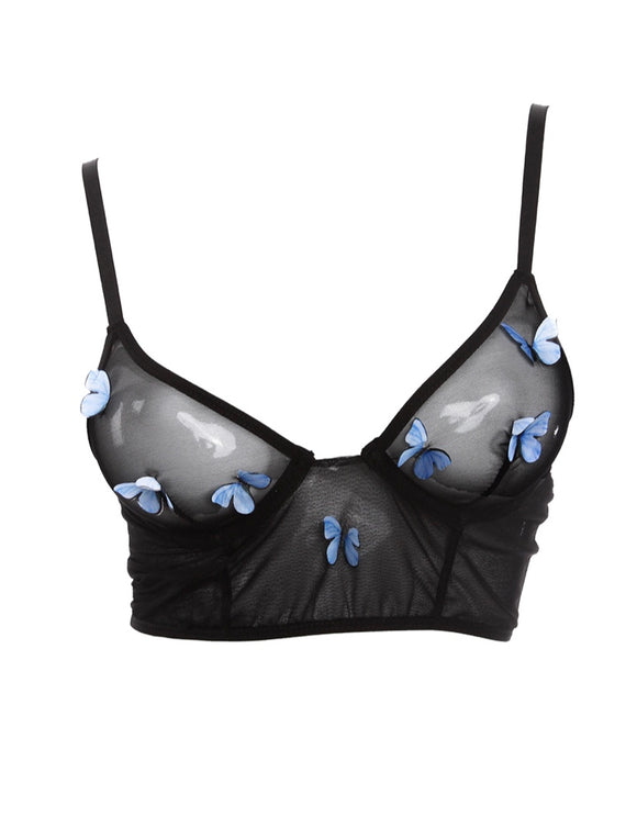 Sophia Mesh Butterfly Bralette Top- Black/Blue